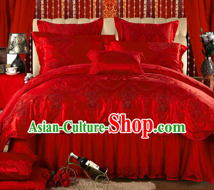 Traditional Asian Chinese Style Wedding Article Jacquard Weave Bedding Sheet Complete Set, Embroidery Red Ten-piece Lace Duvet Cover Satin Drill Textile Bedding Suit