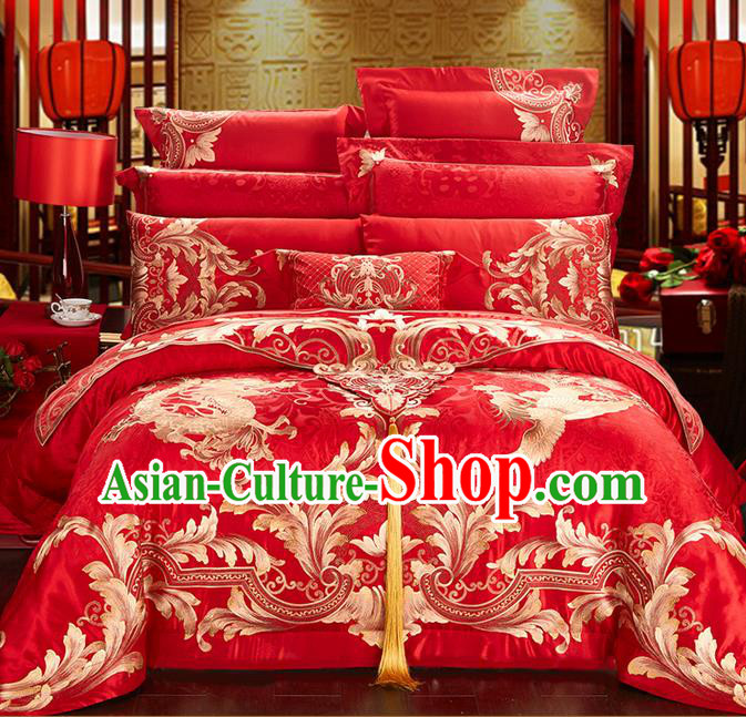 Traditional Asian Chinese Style Wedding Article Bedding Sheet Complete Set, Golden Embroidery Dragon and Phoenix Red Eleven-piece Duvet Cover Satin Drill Textile Bedding Suit