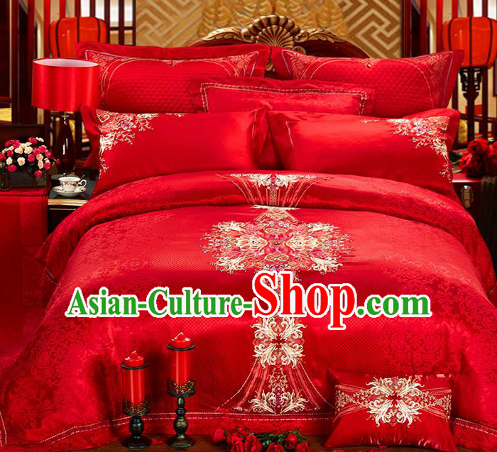 Traditional Asian Chinese Style Wedding Article Bedding Sheet Complete Set, Embroidery Peony Ten-piece Duvet Cover Satin Drill Textile Bedding Suit
