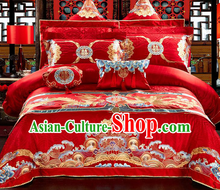 Traditional Asian Chinese Style Wedding Article Bedding Peking Opera Sheet Complete Set, Embroidery Dragon and Phoenix Twelve-piece Duvet Cover Satin Drill Textile Bedding Suit