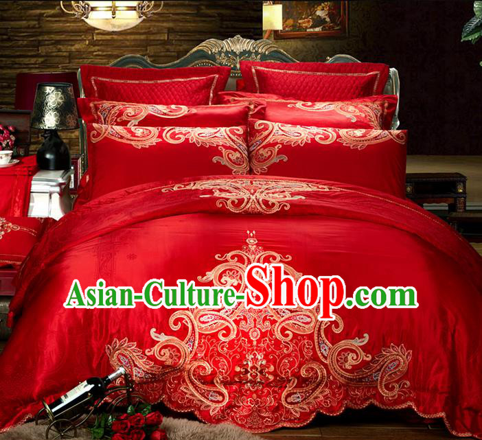 Traditional Asian Chinese Style Wedding Article Palace Embroidered Bedding Sheet Complete Set, Jacquard Weave Satin Drill Ten-piece Duvet Cover Textile Bedding Suit
