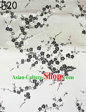 Asian Chinese Traditional Embroidery Black Plum Blossom White Silk Fabric, Top Grade Brocade Embroidered Tang Suit Hanfu Dress Fabric Cheongsam Cloth Material
