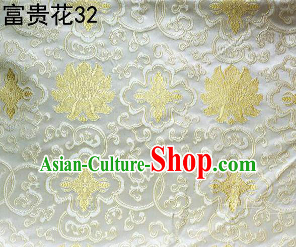 Asian Chinese Traditional Golden Riches and Honour Flowers Embroidered White Silk Fabric, Top Grade Arhat Bed Brocade Satin Tang Suit Hanfu Dress Fabric Cheongsam Cloth Material
