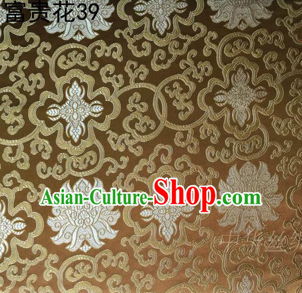 Asian Chinese Traditional White Riches and Honour Flowers Embroidered Mud Golden Silk Fabric, Top Grade Arhat Bed Brocade Satin Tang Suit Hanfu Dress Fabric Cheongsam Cloth Material