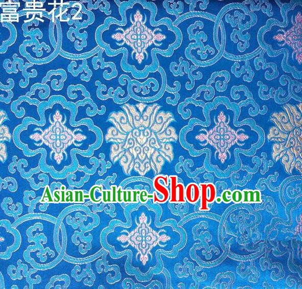 Asian Chinese Traditional White Riches and Honour Flowers Embroidered Blue Silk Fabric, Top Grade Arhat Bed Brocade Satin Tang Suit Hanfu Dress Fabric Cheongsam Cloth Material