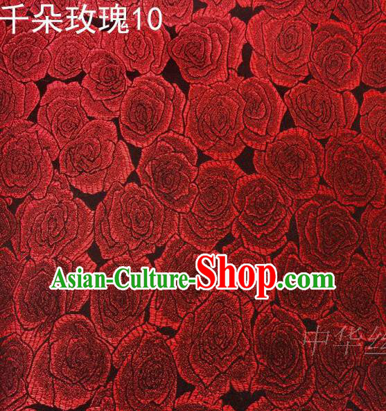 Asian Chinese Traditional Jacquard Weave Rose Flowers Purplish Red Satin Mulberry Silk Fabric, Top Grade Brocade Tang Suit Hanfu Princess Dress Fabric Cheongsam Cloth Material