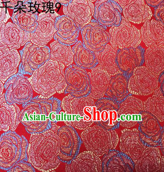 Asian Chinese Traditional Jacquard Weave Golden Rose Flowers Red Satin Mulberry Silk Fabric, Top Grade Brocade Tang Suit Hanfu Princess Dress Fabric Cheongsam Cloth Material