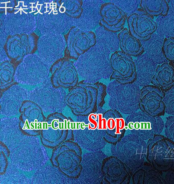 Asian Chinese Traditional Jacquard Weave Rose Flowers Blue Satin Mulberry Silk Fabric, Top Grade Brocade Tang Suit Hanfu Princess Dress Fabric Cheongsam Cloth Material