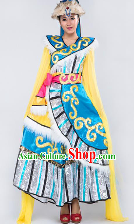 Traditional Chinese Zang Nationality Dancing Costume, Tibetan Female Folk Clothing Embroidery Dress for Women