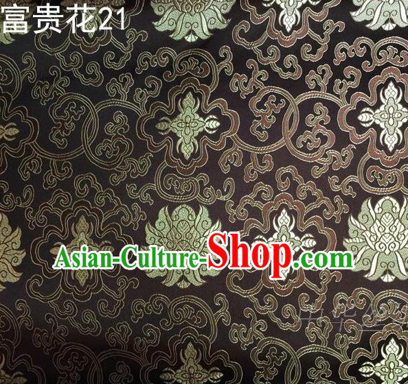 Asian Chinese Traditional Golden Riches and Honour Flowers Embroidered Brown Silk Fabric, Top Grade Arhat Bed Brocade Satin Tang Suit Hanfu Dress Fabric Cheongsam Cloth Material