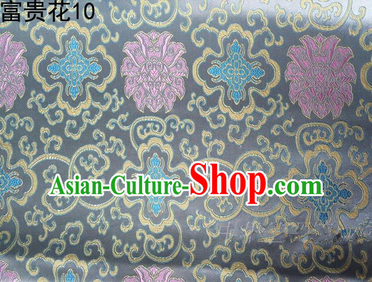 Asian Chinese Traditional Riches and Honour Flowers Embroidered Grey Silk Fabric, Top Grade Arhat Bed Brocade Satin Tang Suit Hanfu Dress Fabric Cheongsam Cloth Material