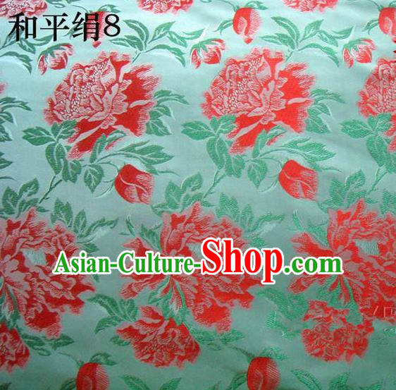 Asian Chinese Traditional Embroidered Red Flowers Green Silk Fabric, Top Grade Arhat Bed Brocade Tang Suit Hanfu Dress Fabric Cheongsam Cloth Material