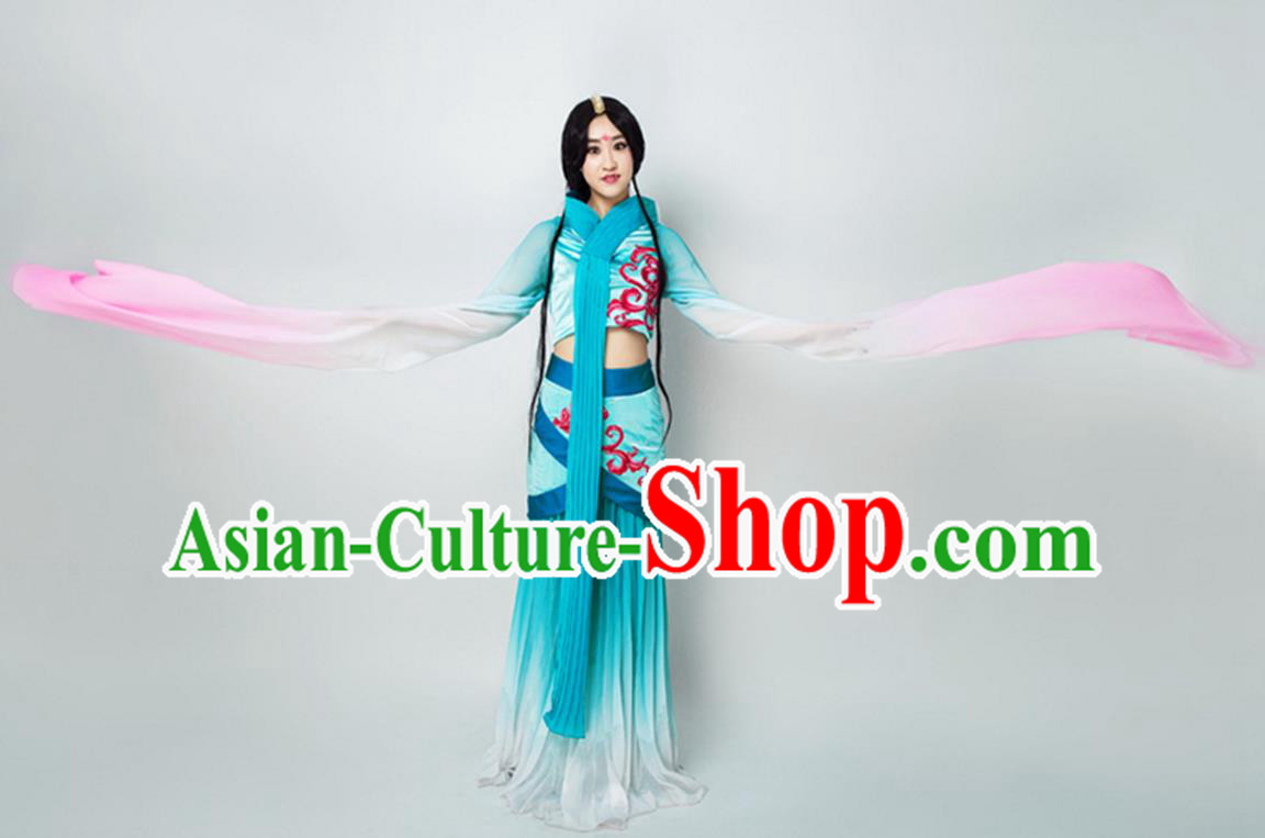 Traditional Chinese Classical Dance Flying Dance Costume, Folk Dance Water Sleeve Dance Blue Dress for Women