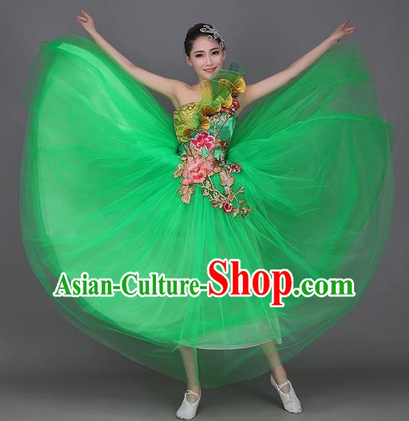 Chinese Classic Stage Performance Dance Costumes, Opening Dance Folk Dance Classic Dance Big Swing One-shoulder Green Veil Dress for Women