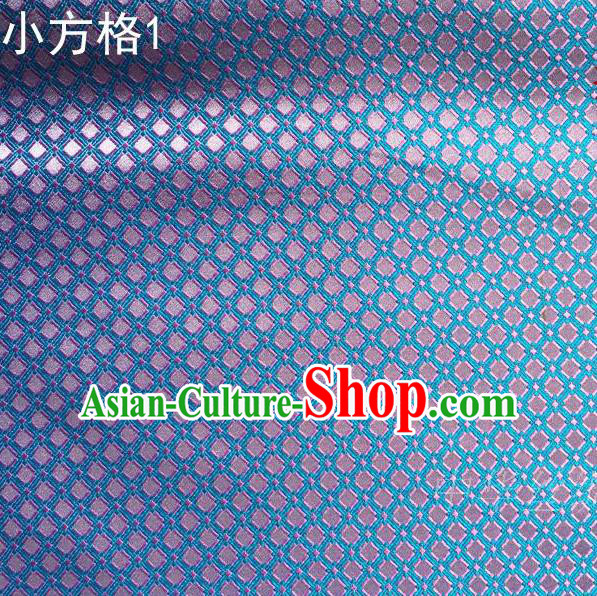 Asian Chinese Traditional Embroidery Pink Small Check Blue Silk Fabric, Top Grade Arhat Bed Brocade Tang Suit Hanfu Tibetan Dress Fabric Cheongsam Cloth Material