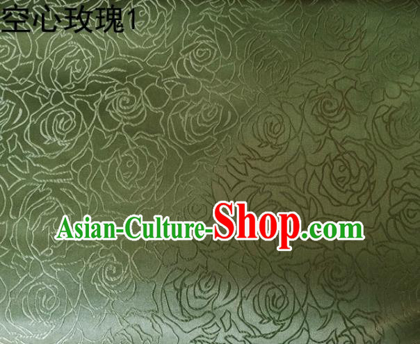 Asian Chinese Traditional Jacquard Weave Embroidered Rose Flowers Green Satin Silk Fabric, Top Grade Brocade Tang Suit Hanfu Coat Dress Fabric Cheongsam Cloth Material