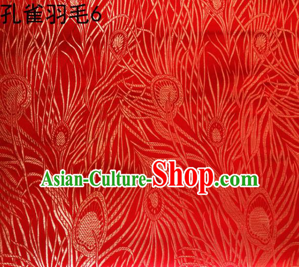 Asian Chinese Traditional Embroidery Golden Peacock Feathers Red Satin Wedding Silk Fabric, Top Grade Brocade Tang Suit Hanfu Dress Fabric Cheongsam Cloth Material
