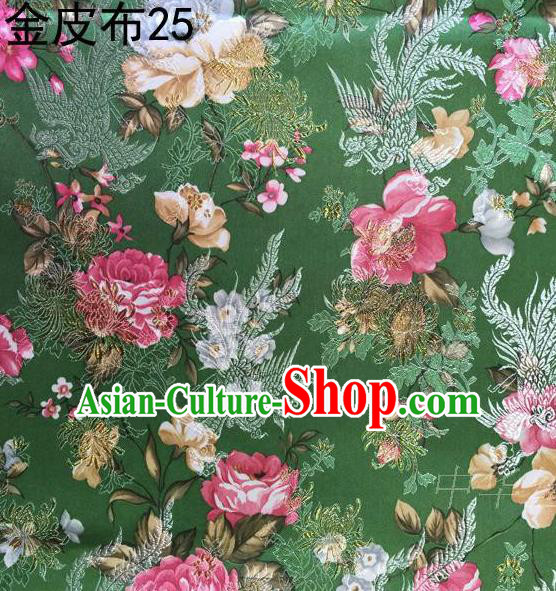 Asian Chinese Traditional Embroidery Peony Deep Green Satin Silk Fabric, Top Grade Brocade Tang Suit Hanfu Fabric Cheongsam Cloth Material