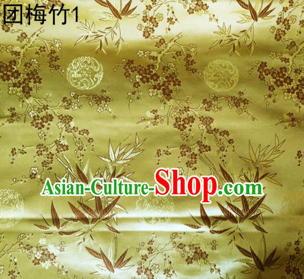 Asian Chinese Traditional Handmade Embroidery Plum and Bamboo Silk Fabric, Top Grade Nanjing Brocade Tang Suit Hanfu Golden Fabric Cheongsam Cloth Material