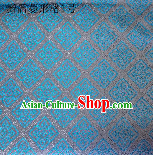 Asian Chinese Traditional Handmade Embroidery Rhombus Pattern Satin Silk Fabric, Top Grade Nanjing Brocade Tang Suit Hanfu Fabric Cheongsam Blue Cloth Material