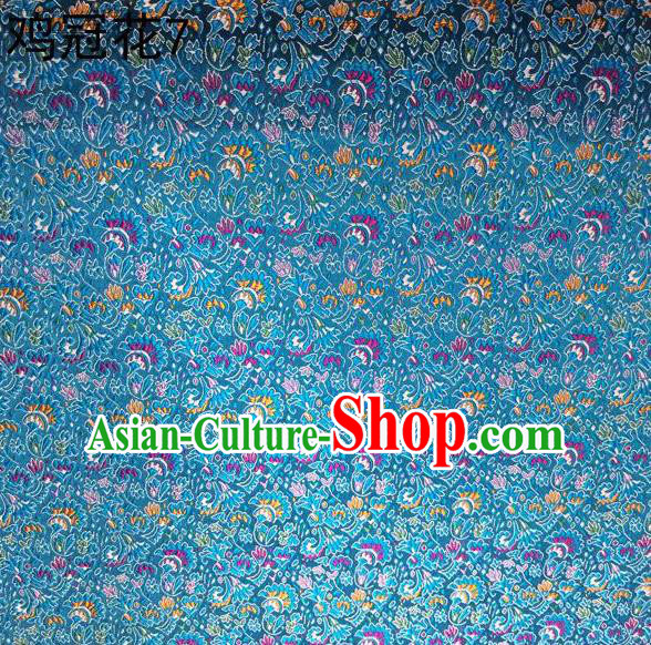 Asian Chinese Traditional Handmade Embroidery Cockscomb Flowers Satin Thangka Light Blue Silk Fabric, Top Grade Nanjing Brocade Tang Suit Hanfu Fabric Cheongsam Cloth Material