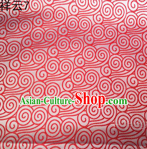 Traditional Asian Chinese Handmade Embroidery Red Auspicious Clouds Satin White Silk Fabric, Top Grade Nanjing Brocade Tang Suit Hanfu Clothing Fabric Cheongsam Cloth Material