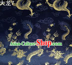 Traditional Asian Chinese Handmade Embroidery Dragons Satin Tang Suit Navy Silk Fabric, Top Grade Nanjing Brocade Ancient Costume Hanfu Clothing Fabric Cheongsam Cloth Material