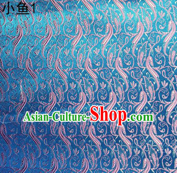 Traditional Asian Chinese Handmade Jacquard Weave Pink Fish Pattern Satin Tang Suit Blue Silk Fabric, Top Grade Nanjing Brocade Ancient Costume Hanfu Clothing Fabric Cheongsam Cloth Material
