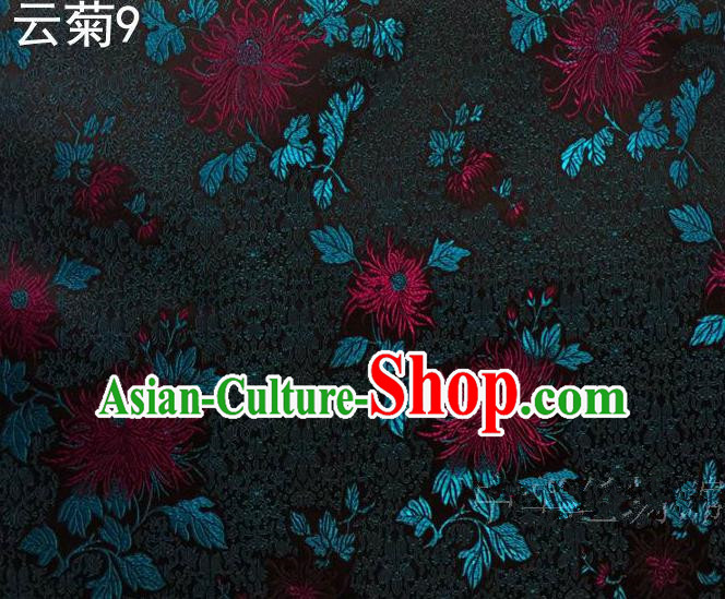 Traditional Asian Chinese Handmade Jacquard Weave Embroidery Chrysanthemum Satin Tang Suit Black Silk Fabric, Top Grade Nanjing Brocade Ancient Costume Hanfu Clothing Fabric Cheongsam Cloth Material