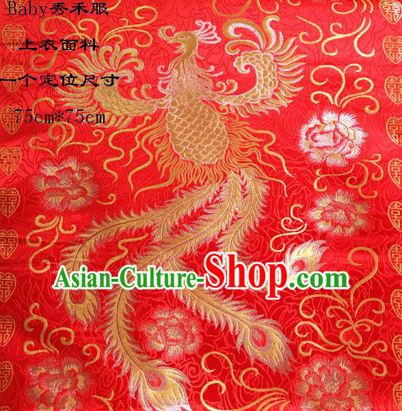 Traditional Asian Chinese Handmade Embroidery Phoenix Satin Wedding Xiuhe Suit Red Silk Fabric, Top Grade Nanjing Brocade Ancient Costume Hanfu Clothing Cheongsam Cloth Material