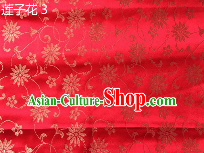 Traditional Asian Chinese Handmade Embroidery Lotus Flowers Silk Satin Tang Suit Red Fabric Drapery, Nanjing Brocade Ancient Costume Hanfu Cheongsam Cloth Material