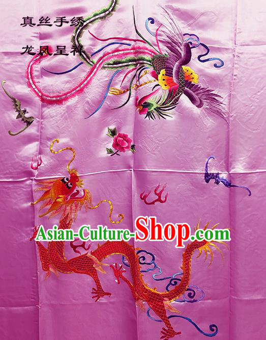 Traditional Asian Chinese Handmade Embroidery Dragon and Phoenix Quilt Cover Silk Tapestry Pink Fabric Drapery, Top Grade Nanjing Brocade Bed Sheet Cloth Material