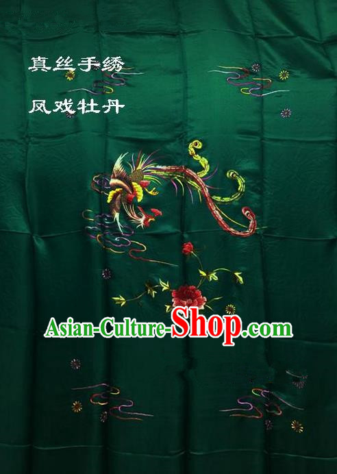 Traditional Asian Chinese Handmade Embroidery Phoenix Peony Quilt Cover Silk Tapestry Deep Green Fabric Drapery, Top Grade Nanjing Brocade Bed Sheet Cloth Material