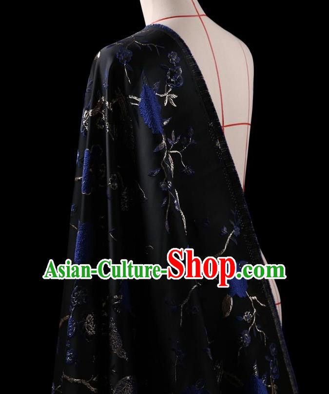 Traditional Asian Chinese Handmade Embroidery Flower Birds Jacquard Weave Coat Silk Tapestry Black Fabric Drapery, Top Grade Nanjing Brocade Ancient Costume Cheongsam Cloth Material