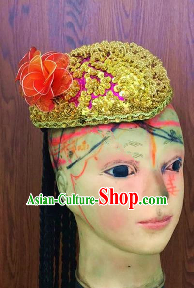 Traditional Chinese Uyghur Nationality Dance Red Hat, Folk Dance Ethnic Chinese Minority Nationality Uigurian Dance Headwear for Women