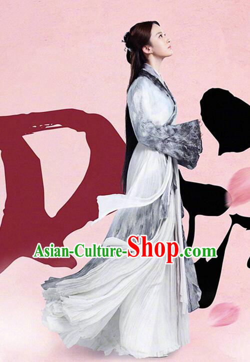 Asian Chinese Traditional Young Lady Costume and Headpiece Complete Set, Films Once Upon a Time China Fairy Bai Qian Dress Clothing for Women