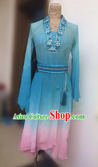 Traditional Ancient Chinese National Folk Yanko Dance Uniform, Elegant Hanfu China Classical Dance Dress Blue Clothing for Women