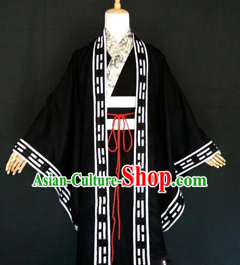 Asian Chinese Traditional Cospaly Zhuge Liang Costume, China Elegant Hanfu Swordsman Black Robe for Men