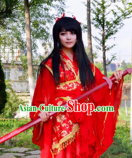 Asian Chinese Traditional Cospaly Swordswoman Wedding Costume, China Elegant Hanfu Bride Red Dress for Women