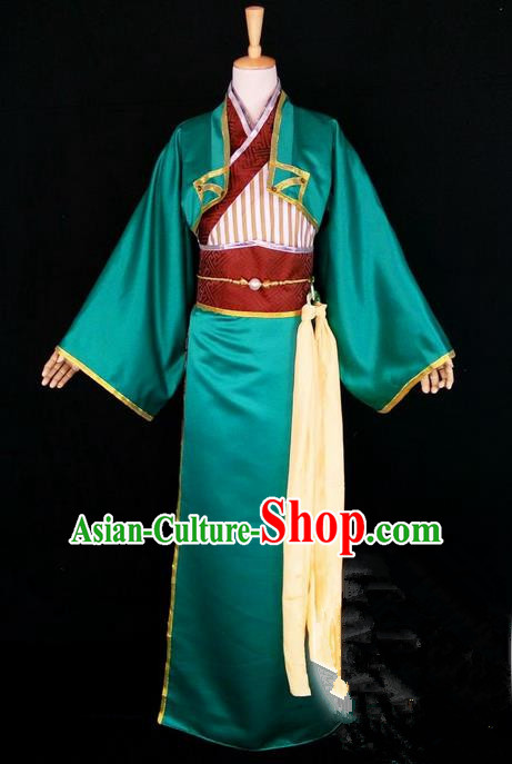 Asian Chinese Traditional Cospaly Han Dynasty Scholar Costume, China Elegant Hanfu Nobility Childe Green Robe Clothing for Men