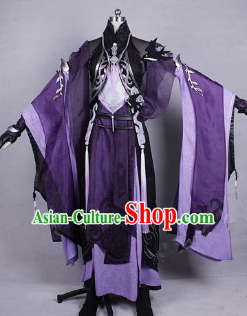 Asian Chinese Traditional Cospaly Costume Customization Zoroastrianism Witch Costume Complete Set, China Elegant Hanfu Swordswoman Purple Dress Clothing for Women