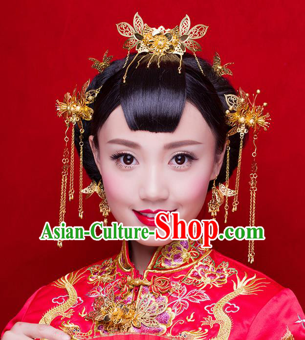 Asian Chinese Ancient Style Hair Jewelry Accessories Wedding Hairpins Complete Set, Lotus Step Shake Hanfu Xiuhe Suits Bride Handmade Hair Sticks for Women