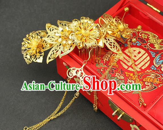 Asian Chinese Ancient Style Hair Jewelry Accessories Wedding Tassel Hair Comb, Step Shake Hanfu Xiuhe Suits Bride Handmade Hair Sticks for Women