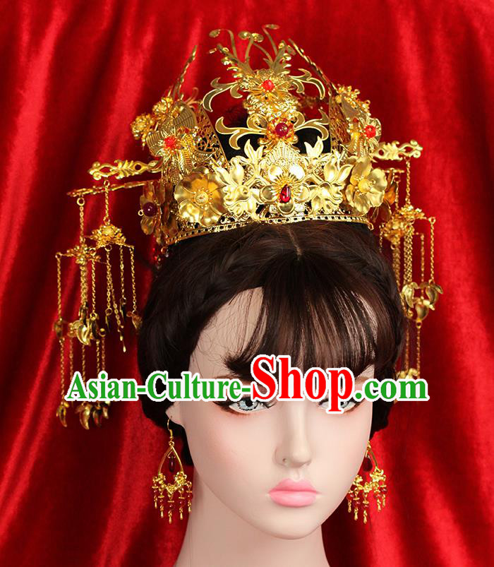 Asian Chinese Ancient Style Hair Jewelry Accessories Wedding Headwear, Hanfu Xiuhe Suits Bride Handmade Phoenix Coronet Hairpins Hair Fascinators Complete Set for Women