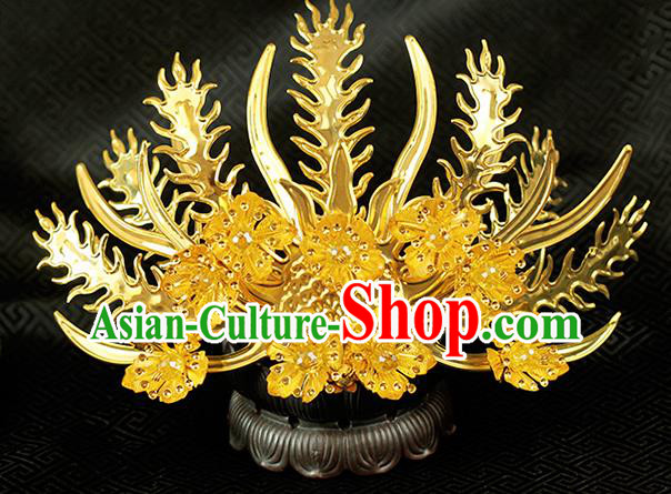 Chinese Ancient Style Hair Jewelry Accessories Wedding Golden Phoenix Coronet, Hanfu Xiuhe Suits Step Shake Bride Handmade Hairpins for Women