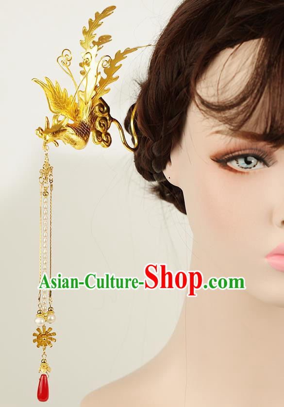 Chinese Ancient Style Hair Jewelry Accessories Wedding Golden Phoenix Hair Stick, Hanfu Xiuhe Suits Step Shake Bride Handmade Hairpins for Women
