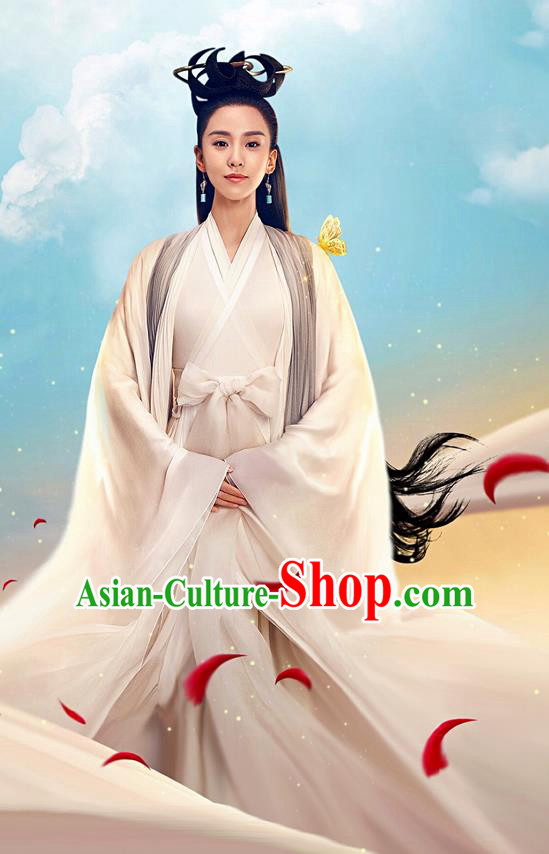Asian Chinese Traditional Ancient Saintess Costume and Headpiece Complete Set, Lost Love In Times China Northern and Southern Dynasties Fairy Swordswoman Dress Clothing