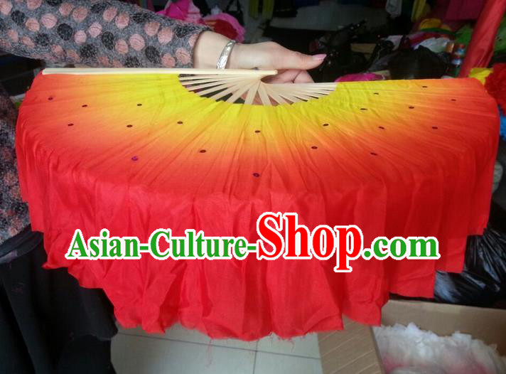 Pure Silk Traditional Chinese Fans Oriental Orange Ribbon Fan Folk Dance Cultural Yanko Dance Hand Fan