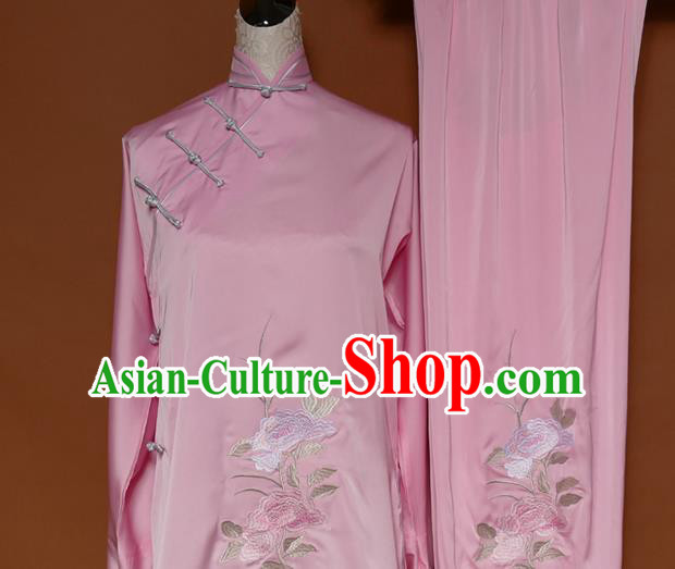 Top Grade Kung Fu Costume Asian Chinese Martial Arts Kung Fu Training Uniform, China Embroidery Peony Gongfu Shaolin Wushu Pink Clothing for Women