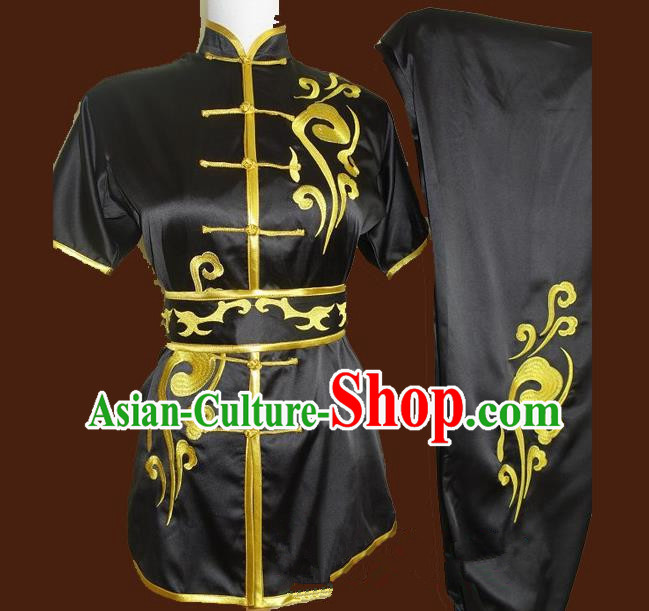Top Grade Kung Fu Costume Asian Chinese Martial Arts Tai Chi Training Black Uniform, China Embroidery Gongfu Shaolin Wushu Clothing for Men for Women